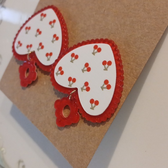 109-  Laser Cut Acrylic Dangle Earrings- Red And White Cherry Hearts - Picture 3 of 5